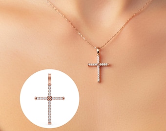 Dainty Diamond Cross Pendant Lab Grown Diamond 14K Gold Cross Necklace Minimalist Cross Charm