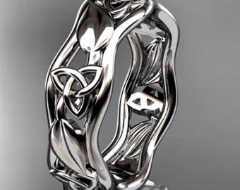 Celtic Wedding Band 14k White Gold Ring Trinity Knot Nature Inspired Anniversary Ring Leaf and Vine Botanical Design