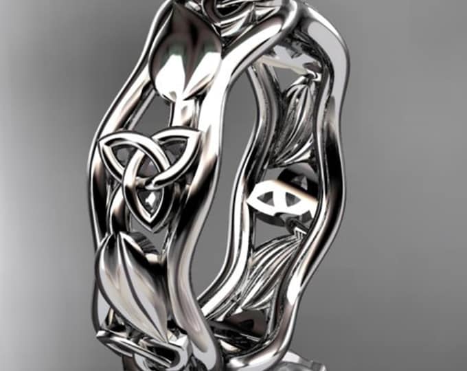 Celtic Wedding Band 14k White Gold Bridal Band Celtic Trinity Knot Wedding band Leaf and Vine Irish Ring Unique Ring