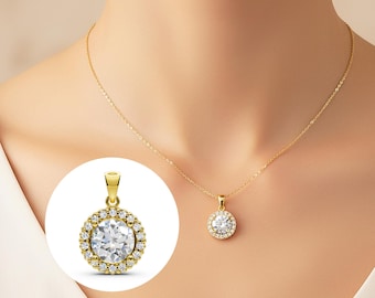 Diamond Halo Pendant Round Cut Lab Grown Diamond Necklace for Mom Solid 14K Gold Diamond Minimalist Gift