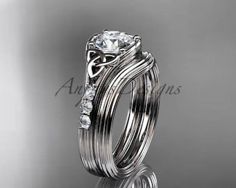 Celtic Knot Engagement Ring Set 18k White Gold Trinity Knot Wedding Ring with Matching Wedding Band