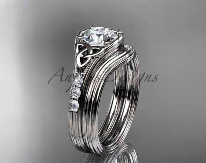 Celtic Knot Engagement Ring Set 18k White Gold Trinity Knot Wedding Ring with Matching Wedding Band