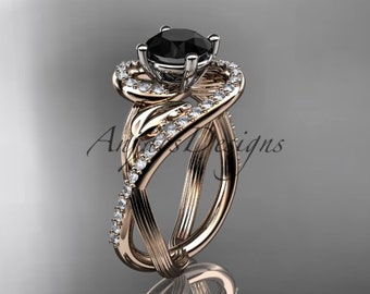 Unique Black Diamond 14k Rose Gold Leaf Engagement Ring