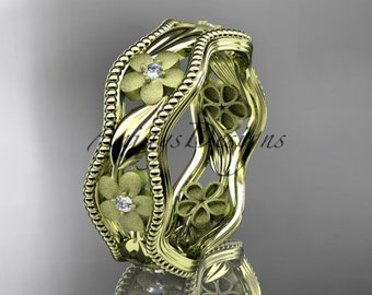 14k Solid Gold Diamond Wedding Band Flower Leaf Vine Engagement Eternity Band Anniversary Gift