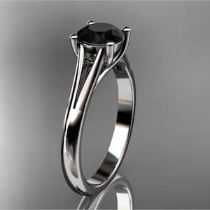Round 1 Carat Black Diamond Solitaire Engagement Ring Handmade of 14k White Gold Solitaire Style Minimalist Ring