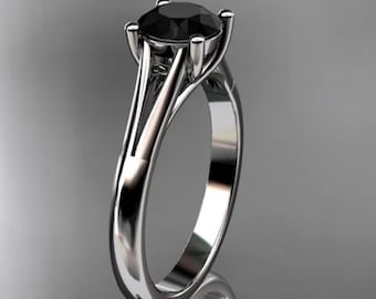 Round 1 Carat Black Diamond Solitaire Engagement Ring Handmade of 14k White Gold Solitaire Style Minimalist Ring