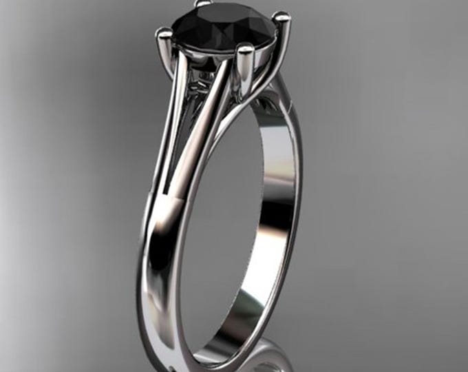 Round 1 Carat Black Diamond Solitaire Engagement Ring Handmade of 14k White Gold Solitaire Style Minimalist Ring