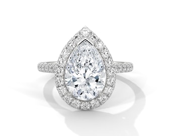3 Carat Pear Cut E VS2 Lab Grown Diamond Ring Pear Shaped Halo Diamond Engagement Ring 14k White Gold