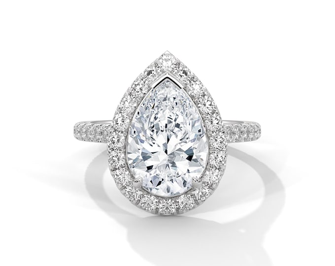 3 Carat Pear Cut E VS2 Lab Grown Diamond Ring Pear Shaped Halo Diamond Engagement Ring 14k White Gold
