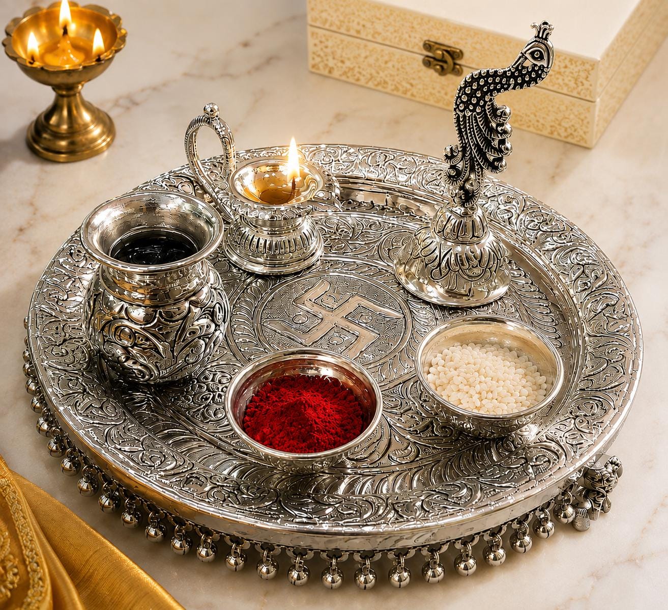 Brass German Silver Puja Thali Set, Elephant Design, Antique Finish, Home Temple Rituals