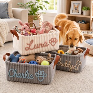 Personalized Corduroy Pet Basket with Name,  Custom Pet Storage Basket, Embroidered Knitted Organizer Bin, Pet Gift Basket