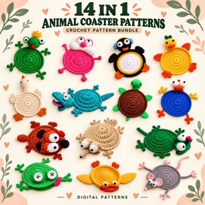 14-in-1 Animal Crochet Coaster Pattern Bundle PDF, Cute Animal Mug Rugs, Amigurumi Coaster Set, Beginner Crochet, Instant Download