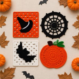 May include: Four crocheted coasters featuring Halloween themes: an orange square with a black witch hat, a black circular spider web, a white square with a black bat, and an orange pumpkin with a brown stem and green leaves.
