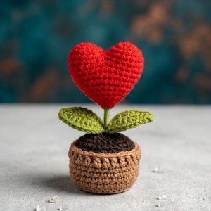 Virkmönster för blomkruka med hjärtformad blommotiv i PDF-format, amigurumi-blomdekorationer för alla hjärtans dag, söt DIY-present till henne, direkt nedladdning