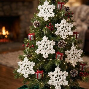 May include: A green artificial Christmas tree decorated with white crocheted snowflake ornaments, small silver gift boxes with red ribbons, clusters of red berries, brown pinecones, and thin string lights wrapped around the branches.