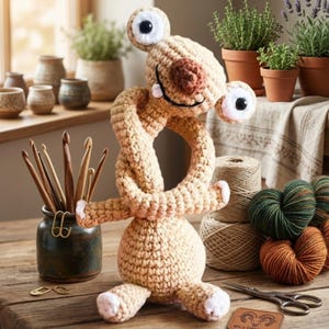 May include: A handmade crochet creature in tan with large, googly eyes and a knotted body. The creature has a smiling face and white accents on its feet and hands. Crochet hooks, yarn, and scissors are also visible.