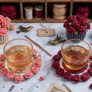 May include: Two clear glass tea cups resting on round crochet coasters decorated with pink and dark red yarn roses. The scene includes two crocheted rose bouquets in matching pots, metal bird figurines, crochet hooks, and spools of colored thread.