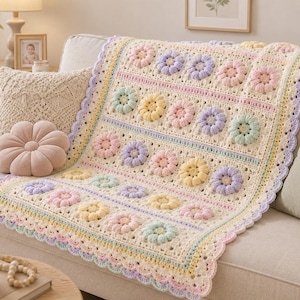 Crochet Pastel Flower Baby Blanket Pattern | Puff Flower Baby Afghan | Handmade Nursery Blanket | PDF Crochet Pattern