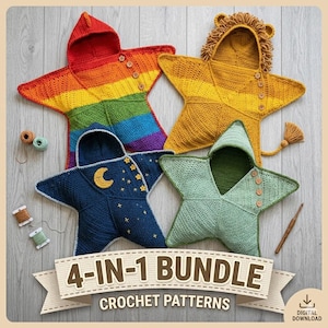 Op de afbeelding: Een 4-in-1 bundel met haakpatronen van vier stervormige dekens met capuchon. De ontwerpen bevatten een regenboogster, een gele leeuwenster, een donkerblauwe ster met maan en sterren, en een effen lichtgroene ster, allemaal voorzien van knopen.