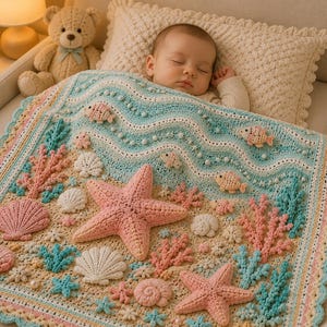 May include: A crochet baby blanket featuring an ocean theme with a sandy beige base, light blue waves, and three-dimensional appliqués including pink starfish, white and pink seashells, coral branches, and small fish, finished with a scalloped edge.