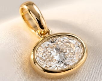 14k Gold Filled East West Solitaire Charm, Oval Moissanite Bezel Pendant, Minimalist Moissanite Jewelry, Christmas & New Year's Gift for Her