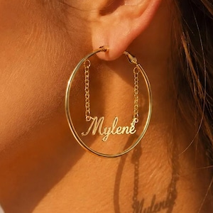 Custom Name Hoop Earrings, Personalized Gold Name Hoops, Large Hoop Earrings, Script Name Earrings, Custom Jewelry Gift for Women