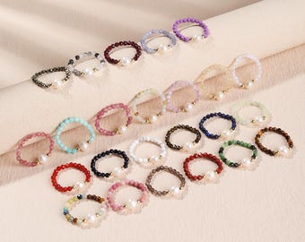 Anillos hechos a mano con cuentas de piedras preciosas naturales y perlas – Anillos elásticos de cristal facetado para mujer, joyería minimalista apilable, regalo