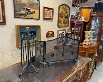 Antique French Fireplace Set, Complete Hearth Tool Set, Clean Vintage Decor, Elegant Mantel Accent, Rare Fireside Accessories Decor for Home