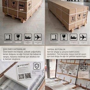 May include: Cardboard shipping crates on wooden pallets, designed for international transit. Features include reinforced corners, shock-absorbing layers, and custom foam padding for secure transport. Includes fragile handling labels.