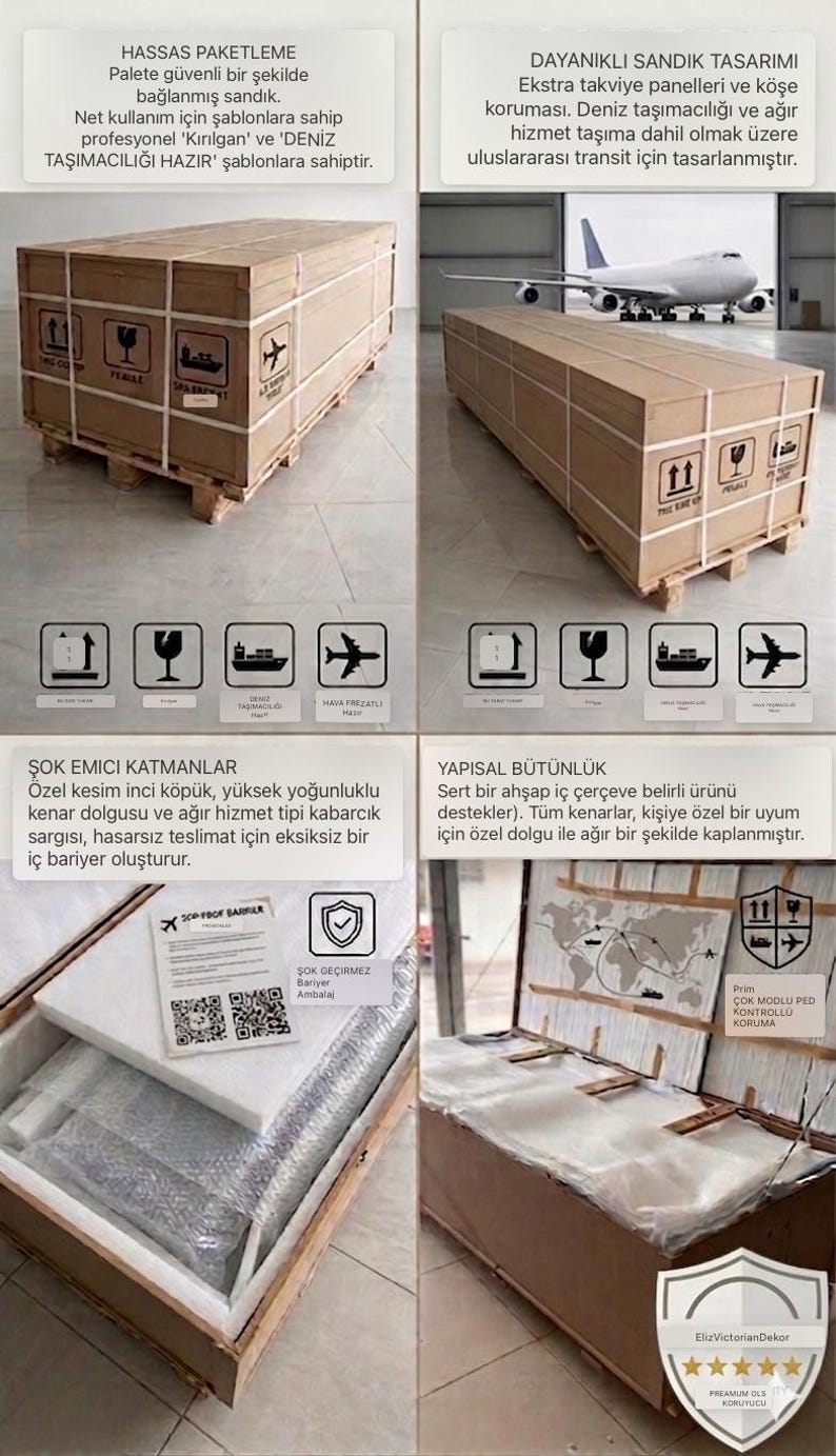May include: Cardboard shipping crates on wooden pallets, designed for international transit. Features include reinforced corners, shock-absorbing layers, and custom foam padding for secure transport. Includes fragile handling labels.