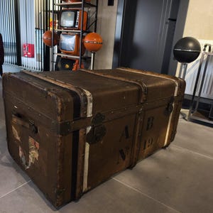 May include: A vintage brown trunk with metal hardware and white stripes. The trunk has the letters "A B" and the number "19" on the side. The trunk is rectangular and appears to be made of wood or a similar material.