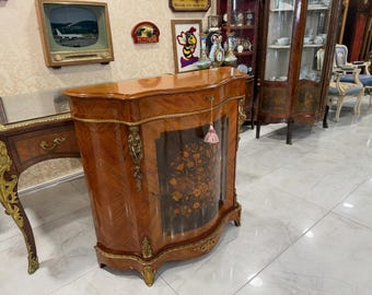 Aparador francés antiguo de marquetería de los años 40, vitrina de lujo, magnífica artesanía, excelente estado, pieza central para exhibición.