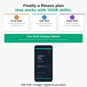Puede incluir: Un planificador de fitness digital que se muestra en la pantalla de un teléfono inteligente, con el título "The Shift-Fit Planner". La imagen incluye texto sobre planes de entrenamiento para diferentes turnos de trabajo, como "Early Shift" y "Late Shift". El planificador se puede rellenar en un teléfono.