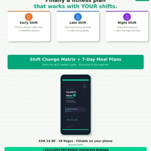 Könnte beinhalten: Werbung für einen Fitnessplan mit dem Text "Endlich ein Fitnessplan, der mit IHREN Schichten funktioniert." Das Bild zeigt ein Smartphone mit der App "The Shift-Fit Planner" und Details für Früh-, Spät- und Nachtschichten.