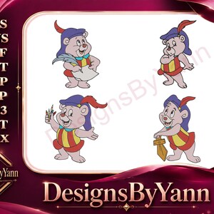 Puede incluir: Cuatro ilustraciones de osos de dibujos animados en varias poses, cada uno con un sombrero morado con una pluma roja y un atuendo rojo y amarillo. El oso sostiene una pluma y papel, lápices y una espada. La imagen incluye el texto "DesignsByYann".
