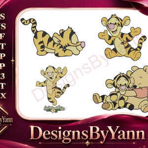 May include: A digital design featuring four illustrations of Tigger from Winnie the Pooh. The images show Tigger in various poses, with his signature orange and black stripes. The text "DesignsByYann" is also visible.