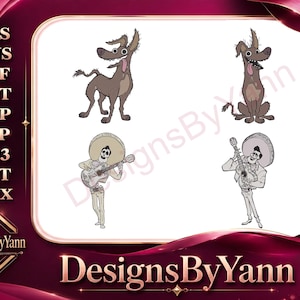 Può includere: Design digitale con cani dei cartoni animati e personaggi scheletrici mariachi che suonano la chitarra. L'immagine è su sfondo bianco, con il testo "DesignsByYann" in basso e abbreviazioni del tipo di file a sinistra.
