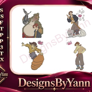 May include: Digital embroidery design featuring four cartoon illustrations of characters from a movie. The characters are in various poses, with one holding a mop and another riding a wooden structure. The text "DesignsByYann" is at the bottom.