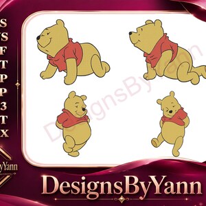 Può includere: Design digitale con quattro illustrazioni di un orsetto dei cartoni animati in varie pose, con una maglietta rossa. L'orso è di colore giallo chiaro. L'immagine include il testo "DesignsByYann" e le abbreviazioni dei tipi di file.