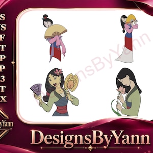 May include: Digital embroidery designs featuring four illustrations of a woman in traditional Asian attire. The images showcase the woman with fans and a flower, in various poses. The designs are in shades of red, pink, green, and beige.