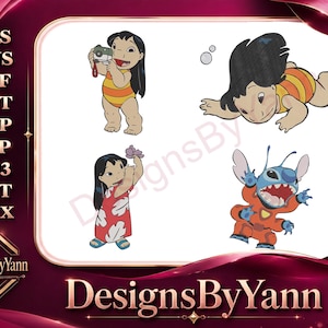 Peut inclure: Conception numérique avec quatre illustrations de personnages de dessins animés Lilo et Stitch. Les images incluent Lilo en maillot de bain et robe, et Stitch en combinaison orange. Le design est sur fond blanc avec une bordure marron.