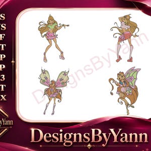 Winx Club Flora, de fee van de natuur, en Tecna, de fee van de technologie, in magische poses - Ingevuld borduurpatroon - Direct te downloaden