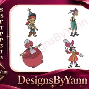 Può includere: Design digitale con quattro personaggi dei pirati dei cartoni animati: Jake, un pirata alto, Capitan Uncino e altri due pirati. I personaggi sono ambientati su uno sfondo bianco. L'immagine include il testo "DesignsByYann".