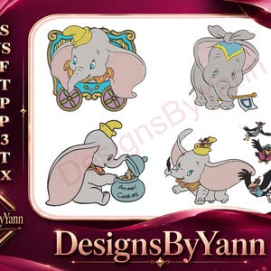Dumbo in C che mangia arachidi con corvi e il topo Timothy in scene circensi - Disegno per ricamo a riempimento - Download immediato