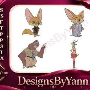 Zootopia Characters - Finnick The Fennec Fox - Flash Slothmore And Gazelle The Pop Star - Disney Animal City - Filled Embroidery Design
