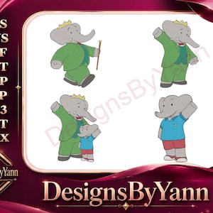 Könnte beinhalten: Vier Cartoon-Illustrationen eines Elefantencharakters in verschiedenen Posen. Der Elefant ist grau mit einer gelben Krone und trägt einen grünen Anzug, ein blaues Hemd und rote Shorts. Der Text "DesignsByYann" steht unten.