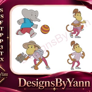Könnte beinhalten: Digitales Stickdesign mit Zeichentrickfiguren: ein Elefant in blauem Hemd und roter Hose, ein Affe mit Fernglas und zwei weitere Affen. Das Design enthält den Text "DesignsByYann" und verschiedene Dateiformatcodes.