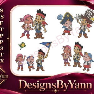 Può includere: Un design digitale con pirati dei cartoni animati in varie pose. I personaggi sono vestiti con abiti da pirata, con cappelli, gilet e bandane. Il design include il testo "DesignsByYann" e abbreviazioni di tipi di file.
