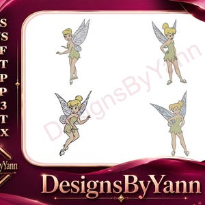 Könnte beinhalten: Vier Bilder einer Cartoon-Fee mit blonden Haaren, einem grünen Kleid und silbernen Flügeln. Die Fee ist in verschiedenen Posen dargestellt. Der Text "DesignsByYann" befindet sich unten, mit Dateityp-Abkürzungen links.