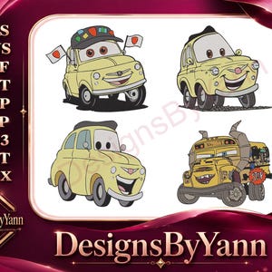 May include: Four cartoon car designs in yellow, each with smiling faces. One car has a hat and Japanese flags. The image includes the text "DesignsByYann" and embroidery file formats: PES, HUS, JEF, DAT, EXP, VIP, VP3, DST, and XXX.